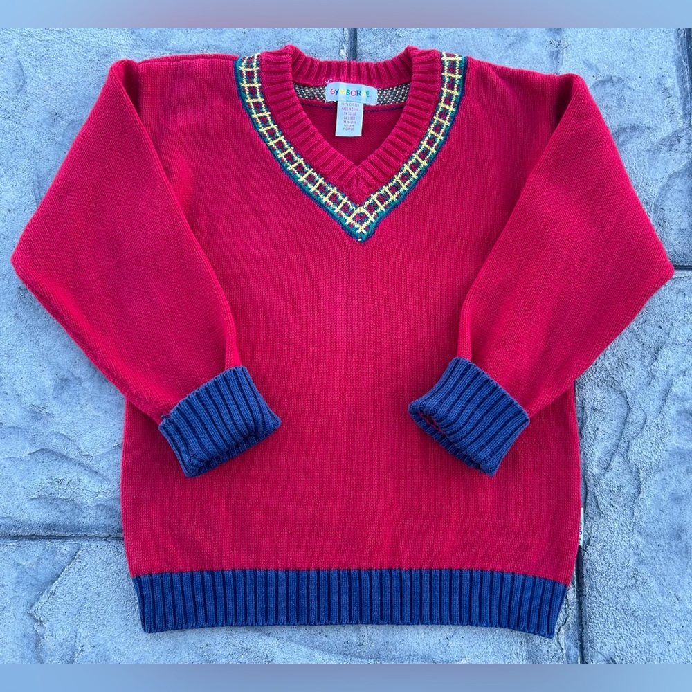 Vintage 90s Red Gymboree V Neck Contrast Trim Sweater Rainbow Tag XL 5 6